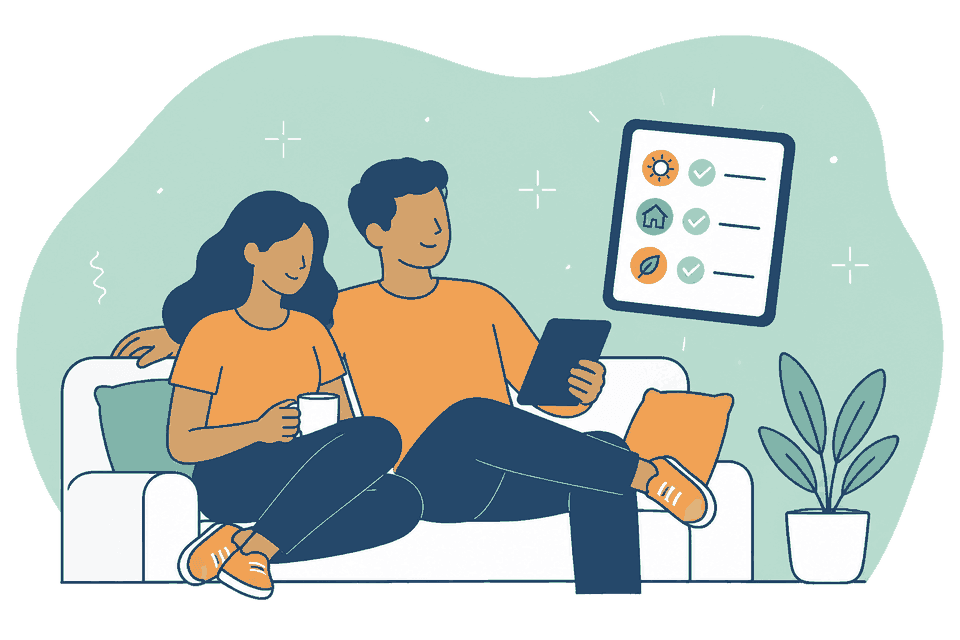 Relaxed couple completing an easy comparison at home
